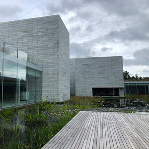The facade of a modern art museum surrounded by an aquaitc garden.