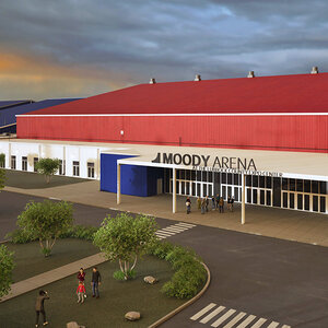 An artist’s rendering of a sports arena with a big red roof. An artist’s rendering of a sports arena with a big red roof.