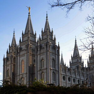 The elaborate facade of a church – the Salt Lake Temple of the Church of Jesus Christ of Latter-day Saints.