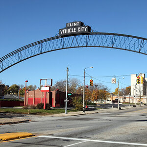 Flint, Michigan sign in the roadway. Flint, Michigan sign in the roadway.
