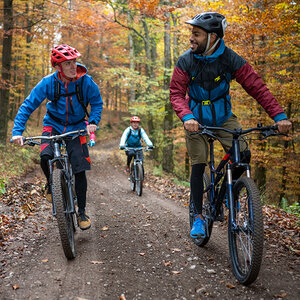 A group of people ride bicycles along a path in the woods.