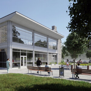 An artist's rendering of a modern two-story college building with a glass façade. An artist's rendering of a modern two-story college building with a glass façade.