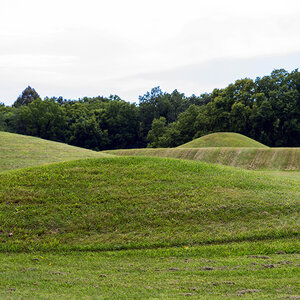 A grassy field with Native American burial mounds.