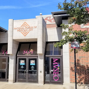 The exterior of museum with Mexican styled detailing—the National Museum of Mexican Art. The exterior of museum with Mexican styled detailing—the National Museum of Mexican Art.