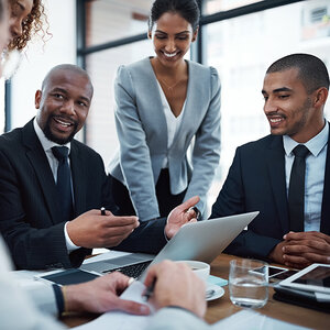 A group of African American business men and women in a conference room. A group of African American business men and women in a conference room.