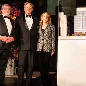 Michael J. Dowling and benefactors Lloyd and Victoria Goldman standing next to a model of the medical pavilion (credit Northwell Health). Michael J. Dowling and benefactors Lloyd and Victoria Goldman standing next to a model of the medical pavilion (credit Northwell Health).