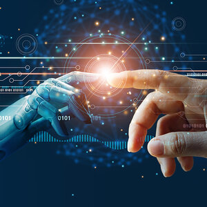 An artist’s rendering of a human hand touching an AI generated hand. An artist’s rendering of a human hand touching an AI generated hand.