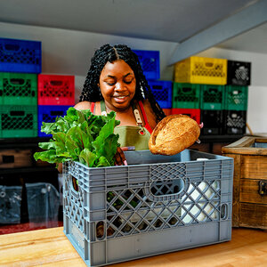 A woman farmer packing her produce away. A woman farmer packing her produce away.