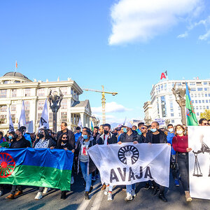 A group or Roma in Macedonia march