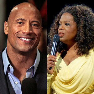 A composite image of a man with a shaved head and a woman in a yellow dress holding a microphone – Dwayne Johnson and Oprah Winfrey.