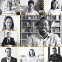 A collage of black-and-white headshots. A collage of black-and-white headshots.