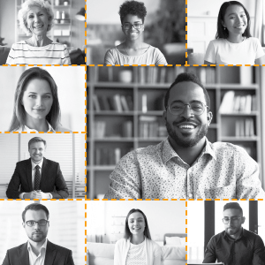 A black-and-white collage of headshots.