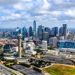 An aerial view of the Dallas skyline. An aerial view of the Dallas skyline.
