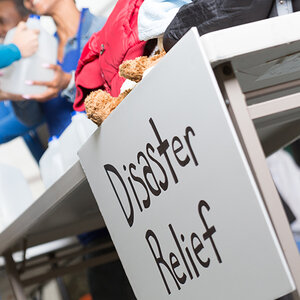 A disaster relief table at a center.