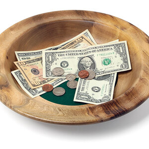 A plate with gifts made during a religious service. A plate with gifts made during a religious service.