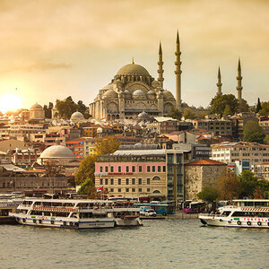 A view of looking across the river in Istanbul, Turkey, at sunset. A view of looking across the river in Istanbul, Turkey, at sunset.
