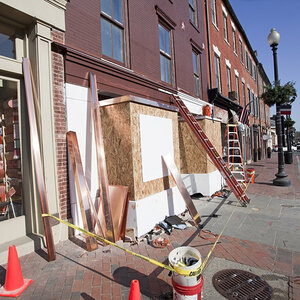 The exterior of a main street store front under construction. The exterior of a main street store front under construction.