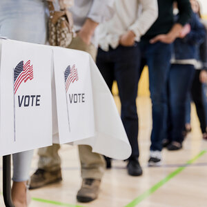 Voters in line to fill out a ballot.