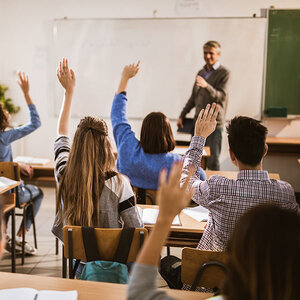 A high school classroom full of students.