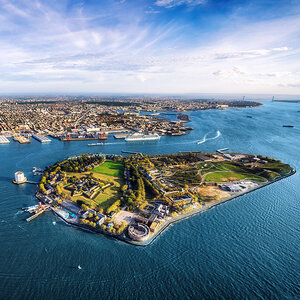 An aerial view of Governors Island in New York City.