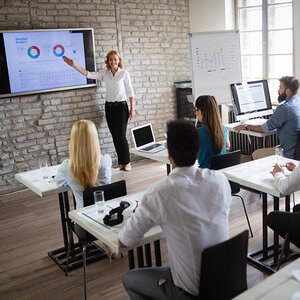 A professor teaching a business class.
