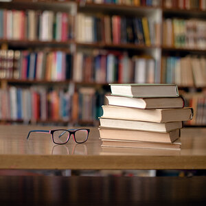 A stack of books in a library.