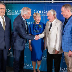 David Linehan, John Foxe, Sarah Mangelsdorf, Tom Golisano, and Richard Handler during the press conference to announce Golisano’s $50 million commitment to the University of Rochester.  David Linehan, John Foxe, Sarah Mangelsdorf, Tom Golisano, and Richard Handler during the press conference to announce Golisano’s $50 million commitment to the University of Rochester.