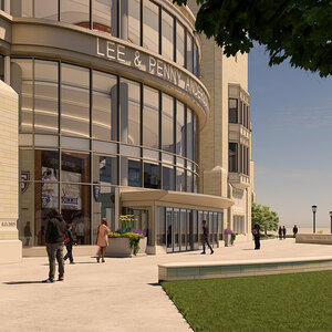 An artist’s rendering of the exterior a new college sports facility with a sign that reads: Lee & Penny Anderson. An artist’s rendering of the exterior a new college sports facility with a sign that reads: Lee & Penny Anderson.
