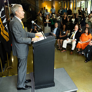 UWM chancellor Mark Mone announcing the $20 million gift. 
