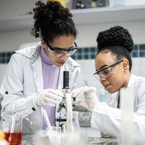 Two woman researchers collaborating on a project.