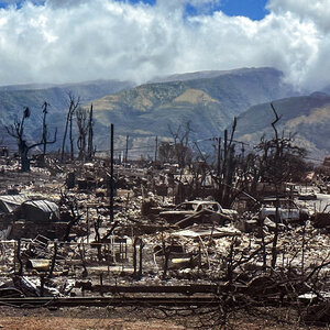 A landscape of green mountains, clouds, and blue skies with burned trees and homes in the foreground.