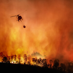 A helicopter with a water bucket flies over a wildfire